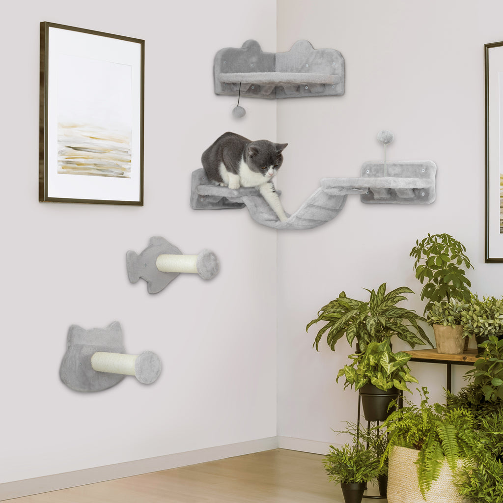 4-Piece Cat Wall Shelves with Steps, Ladder, Jumping Platforms, Light Grey