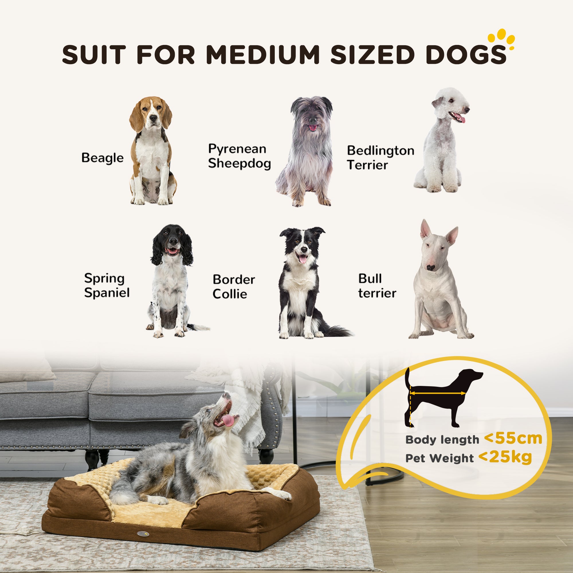 Calming Dog Bed Pet Mattress with Removable Cover, Anti-Slip Bottom, for Medium Dogs, 90L x 69W x 21Hcm - Brown
