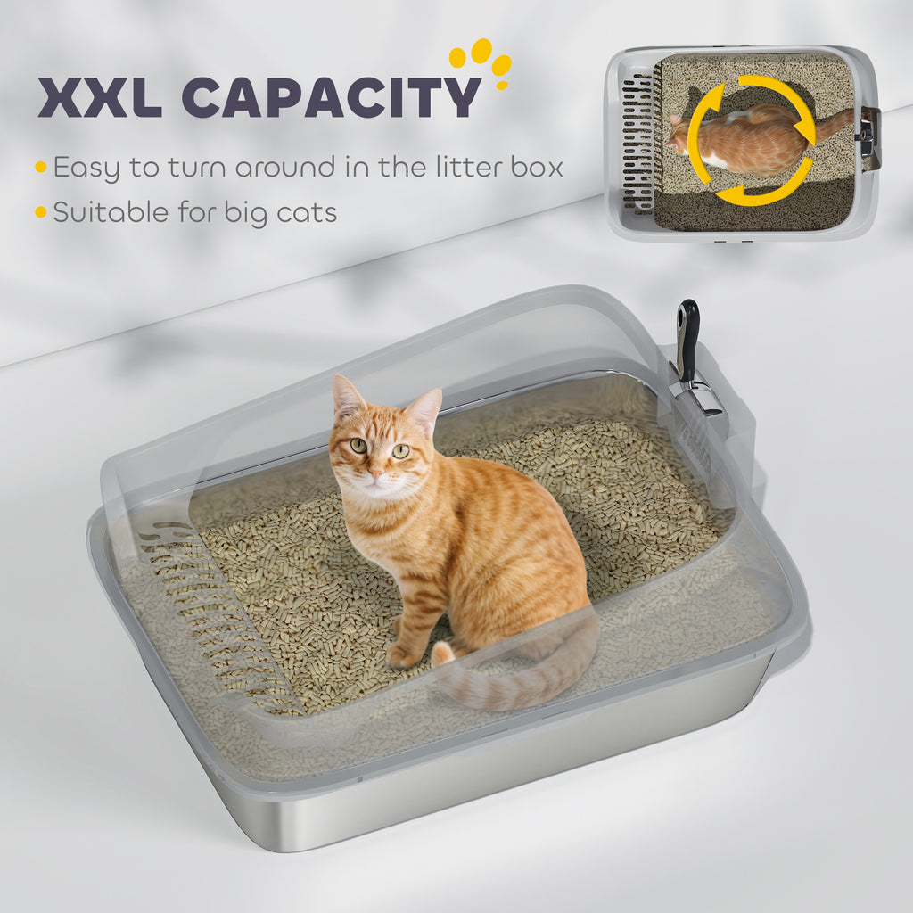 XXL Stainless Steel Cat Litter Box with High Sides & Metal Scoop, 70x50x30cm