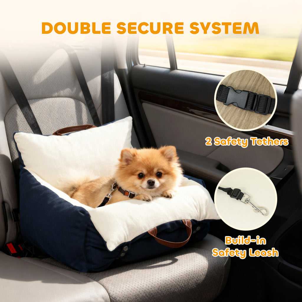 Dog Car Seat, Cosy Pet Car Booster Seat for Small Dogs Under 5kg, Portable Travel Bed with Safety Belts, Navy Blue