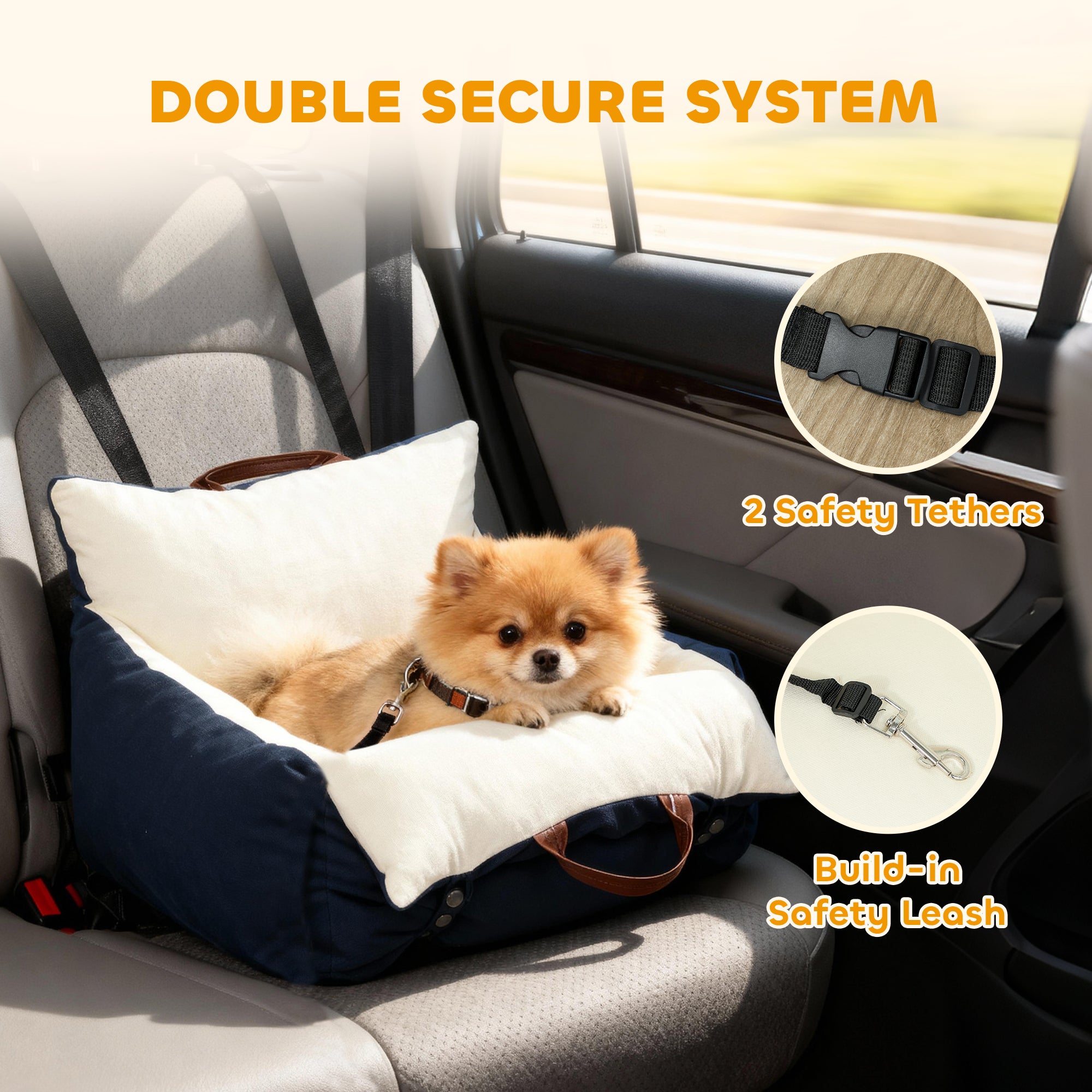 Dog Car Seat, Cosy Pet Car Booster Seat for Small Dogs Under 5kg, Portable Travel Bed with Safety Belts, Navy Blue