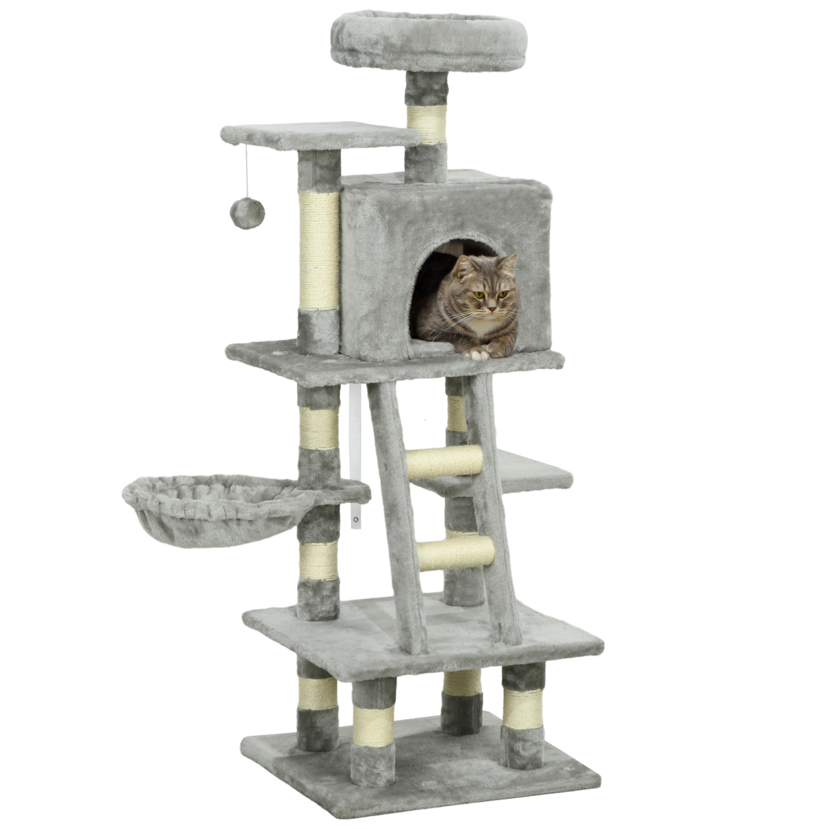 132cm Multi-Activity Cat Tree with House, Baskets, Hammock and Ladder - Grey