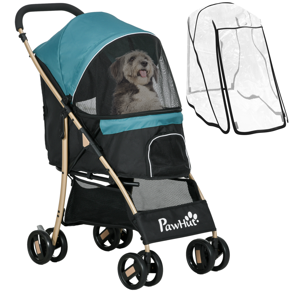 Pet Stroller for XS and S Dogs with Rain Cover - Dark Green