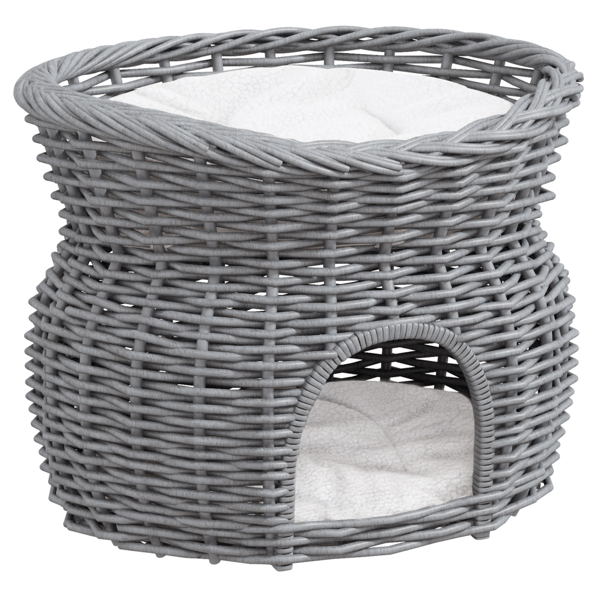 2-Tier Willow Pet Bed and Condo - Handwoven Cat House Basket, Grey