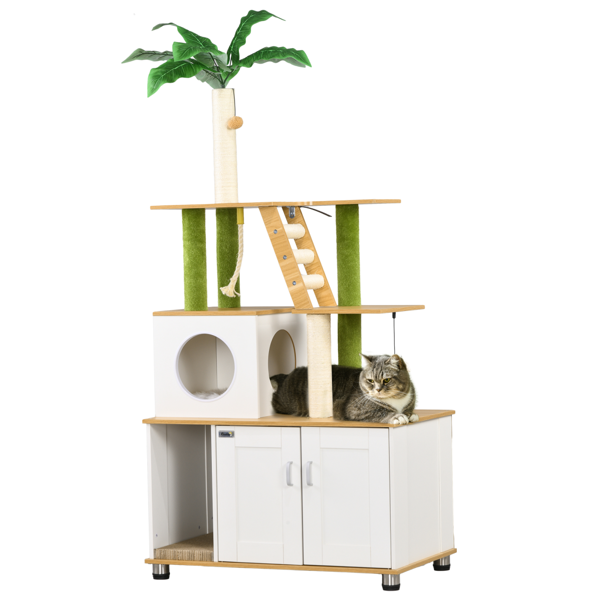 2-in-1 Hidden Litter Box and Cat Tree with Green Leaf Design - Oak