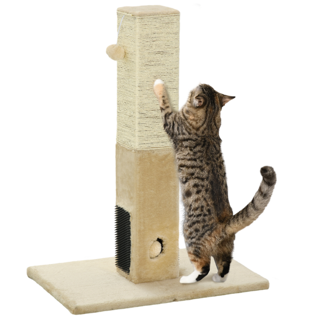 Cat Scratching Post and Climber with Carpet Base and Hanging Toy - Beige