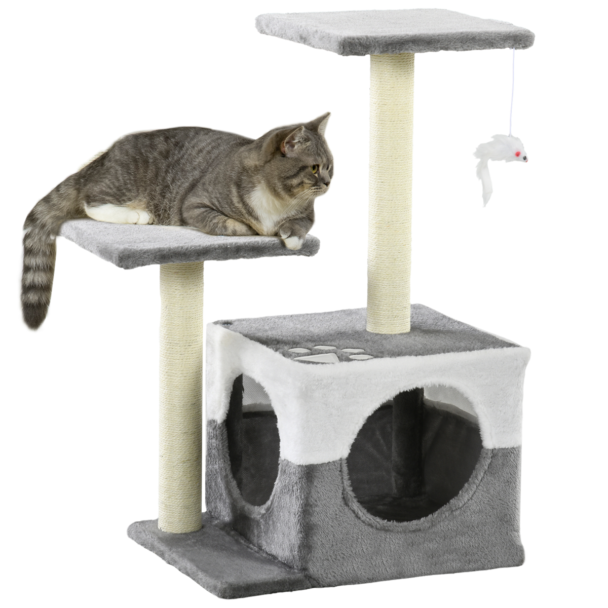 Cat Tree with Sisal Scratching Post, House, Perches and Toy Mouse - Grey