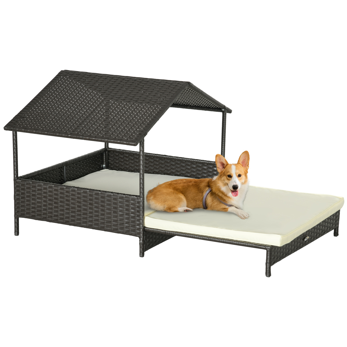 Extendable Rattan Dog House with Water-Resistant Roof and Cushion