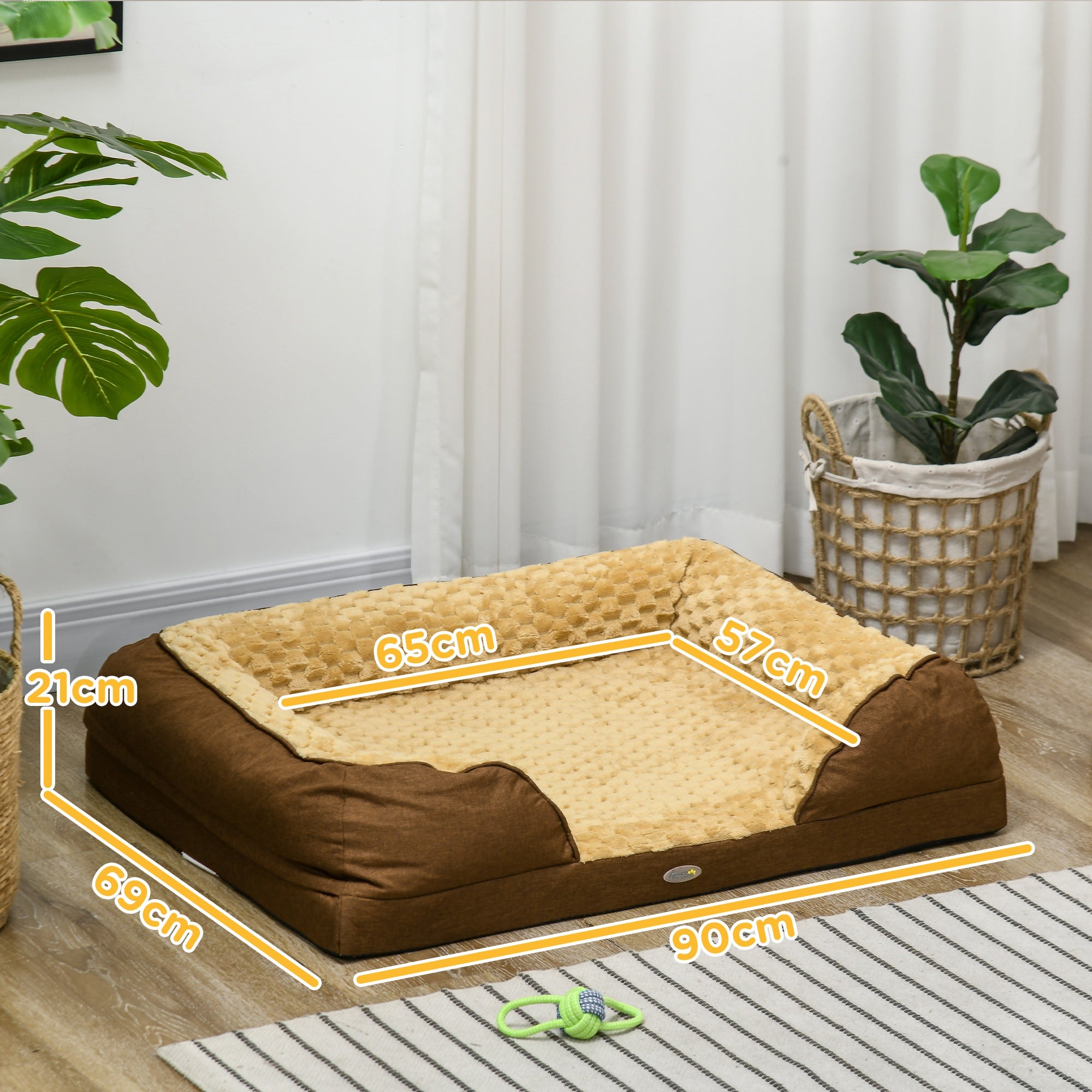 Calming Dog Bed Pet Mattress with Removable Cover, Anti-Slip Bottom, for Medium Dogs, 90L x 69W x 21Hcm - Brown