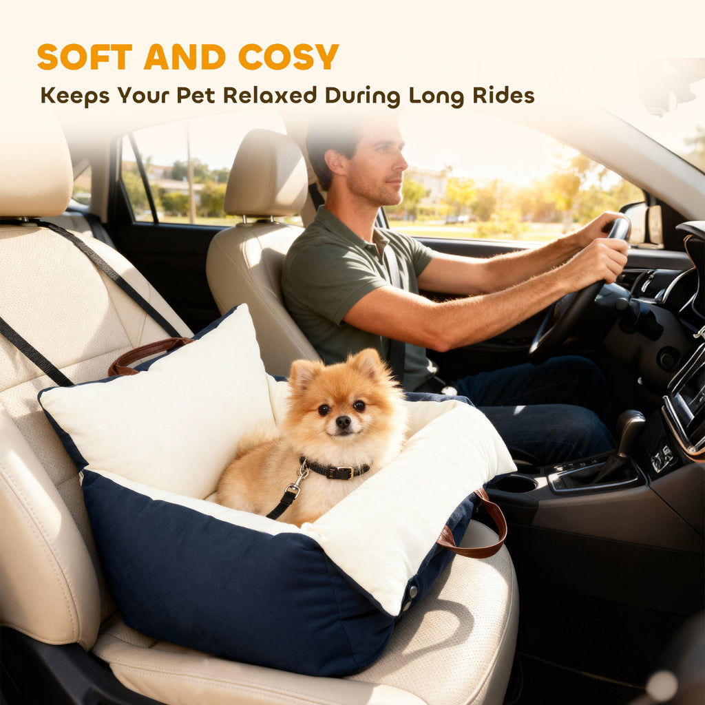 Dog Car Seat, Cosy Pet Car Booster Seat for Small Dogs Under 5kg, Portable Travel Bed with Safety Belts, Navy Blue