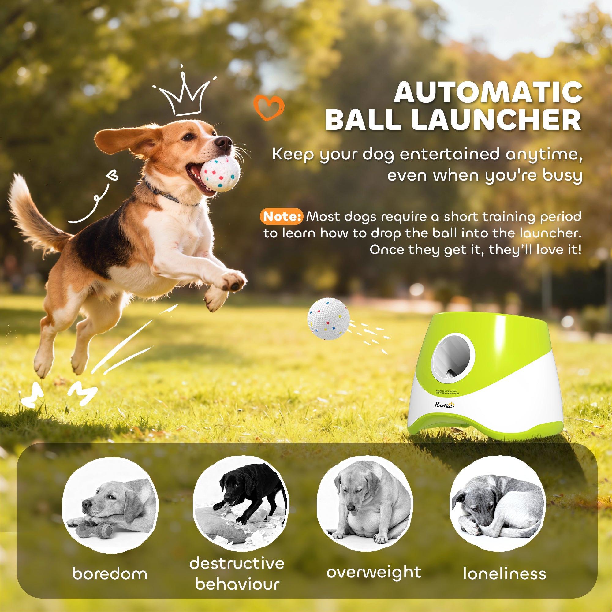 Automatic Dog Ball Launcher with 5 ETPU Tennis Balls, 3 Distance Settings, Green