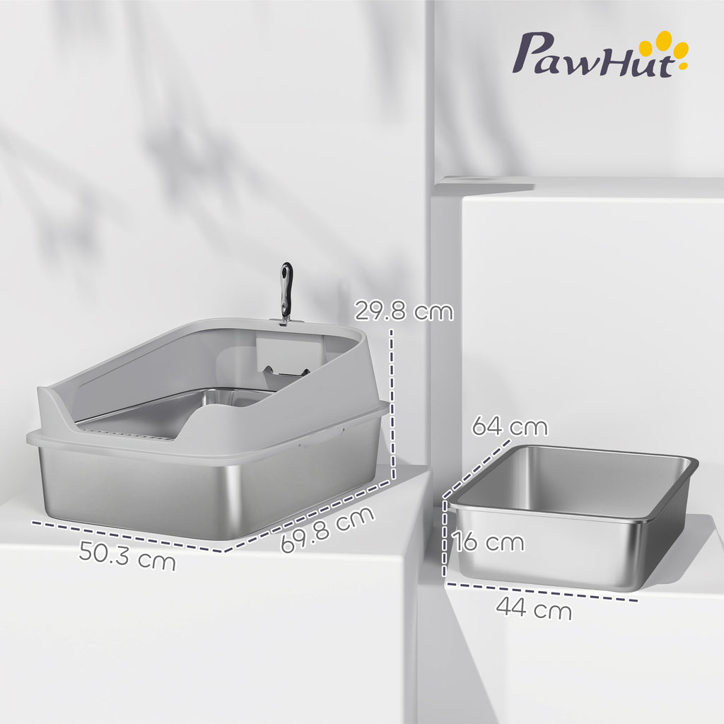 XXL Stainless Steel Cat Litter Box with High Sides & Metal Scoop, 70x50x30cm