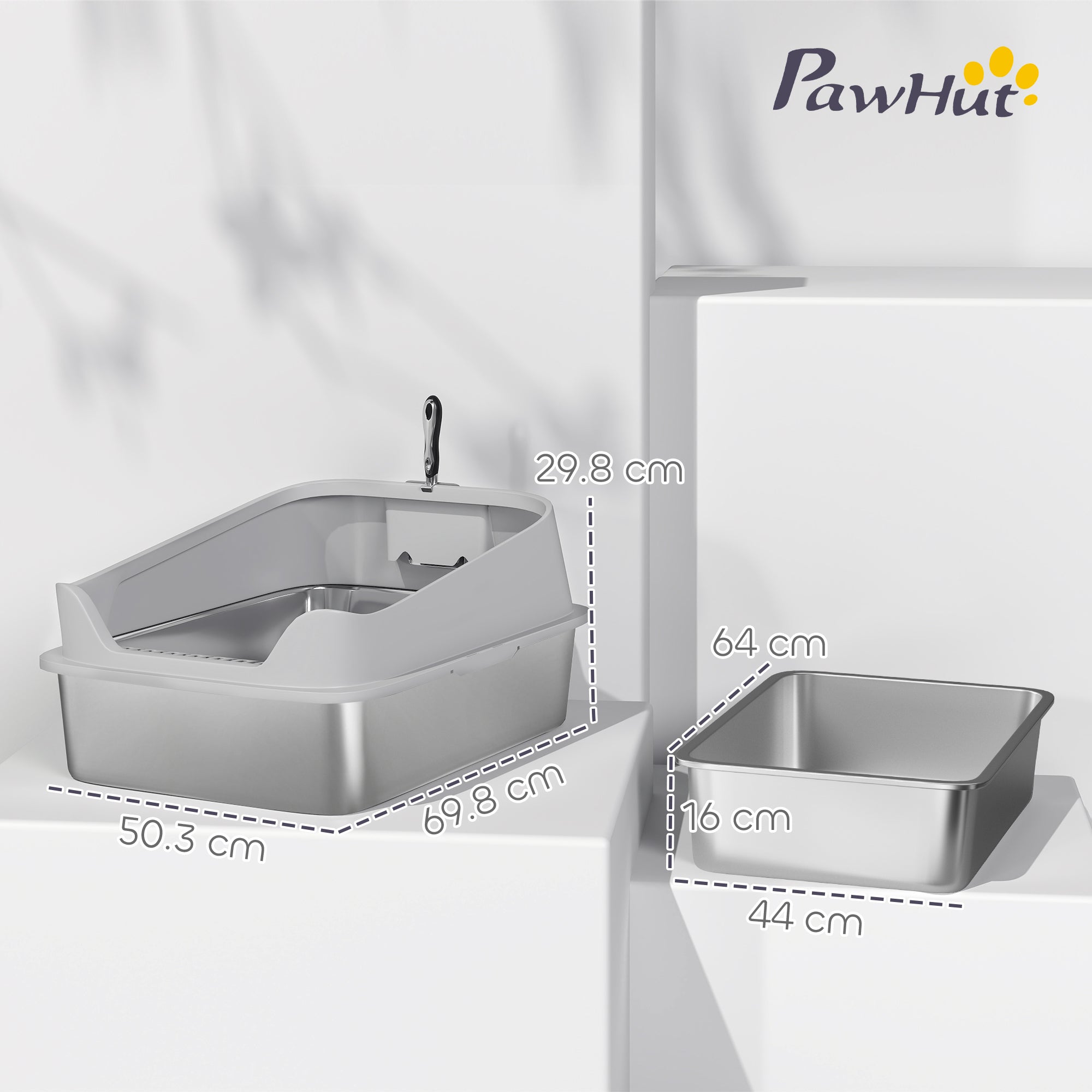 XXL Stainless Steel Cat Litter Box with High Sides & Metal Scoop, 70x50x30cm
