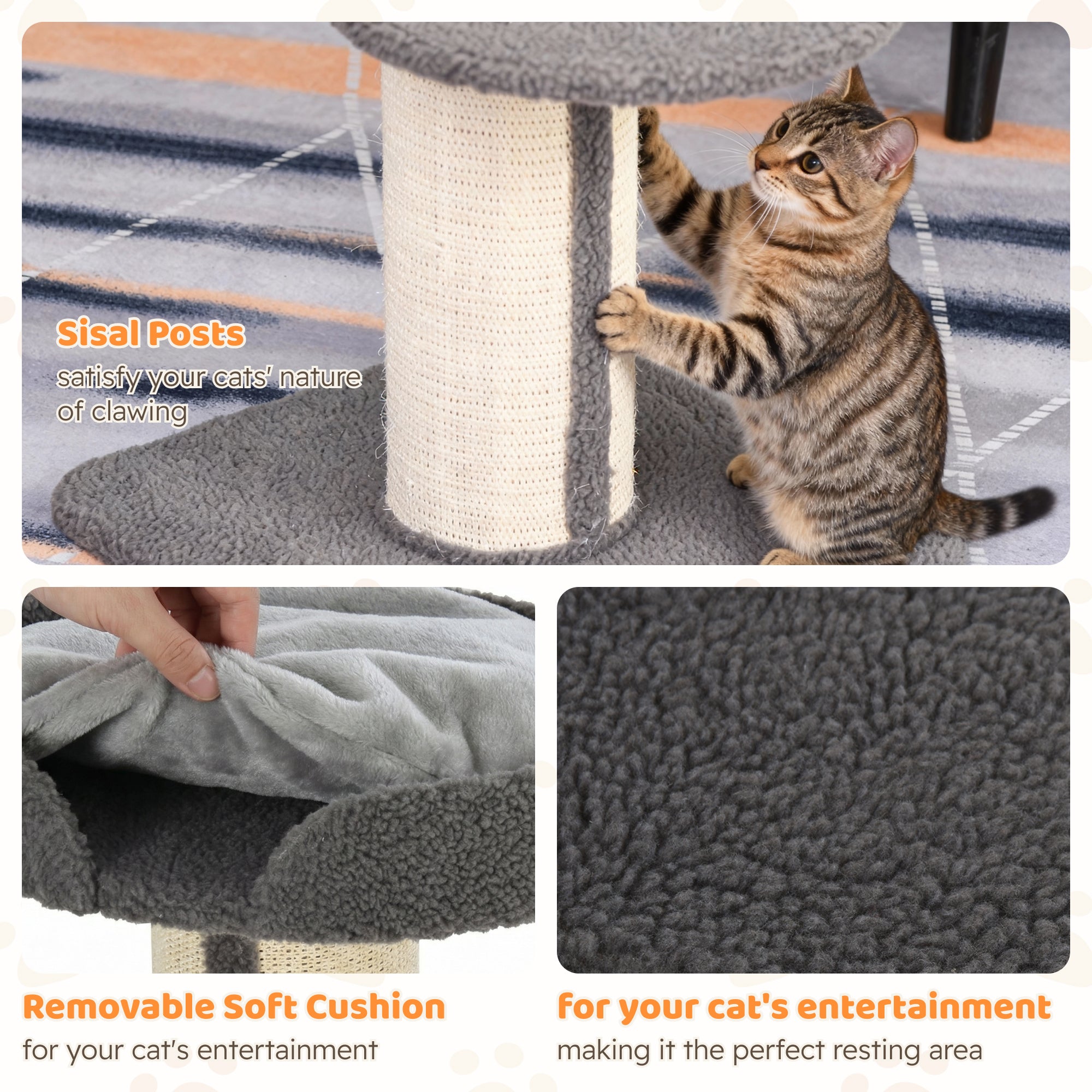 91cm Cat Tree with Scratching Post, Bed, Perch & Removable Cushion - Grey