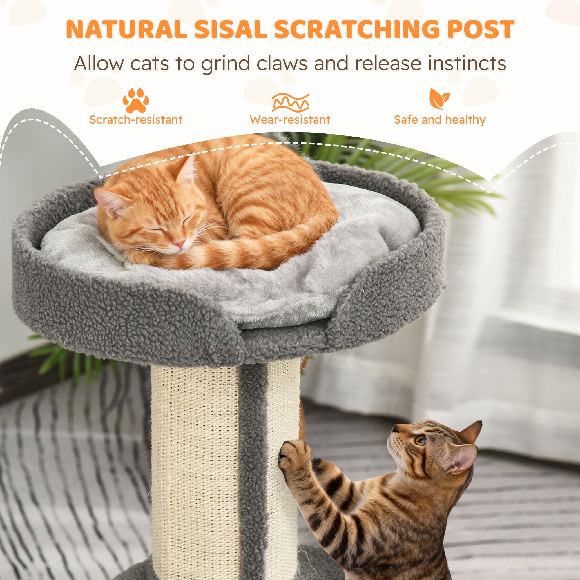 91cm Cat Tree with Scratching Post, Bed, Perch & Removable Cushion - Grey