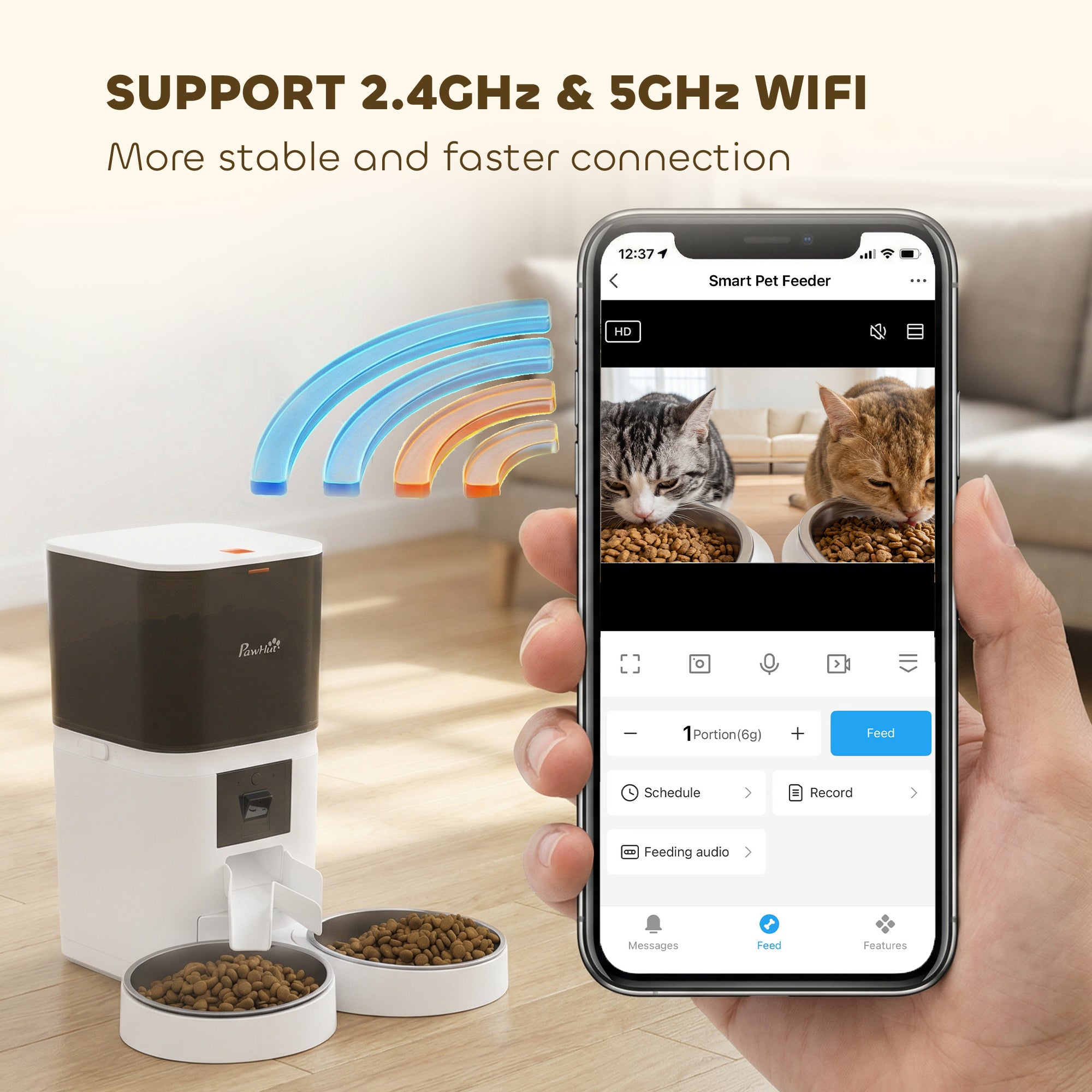 Automatic Cat Feeder for 2 Cats with HD Camera, 2.4G & 5G WiFi Pet Food Dispenser 6L APP Control