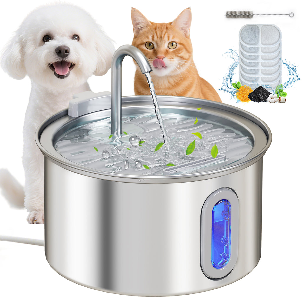 2.5L Stainless Steel Cat Water Fountain for Drinking with Ultra-Silent Pump, Water-Level Window, 7 Filters