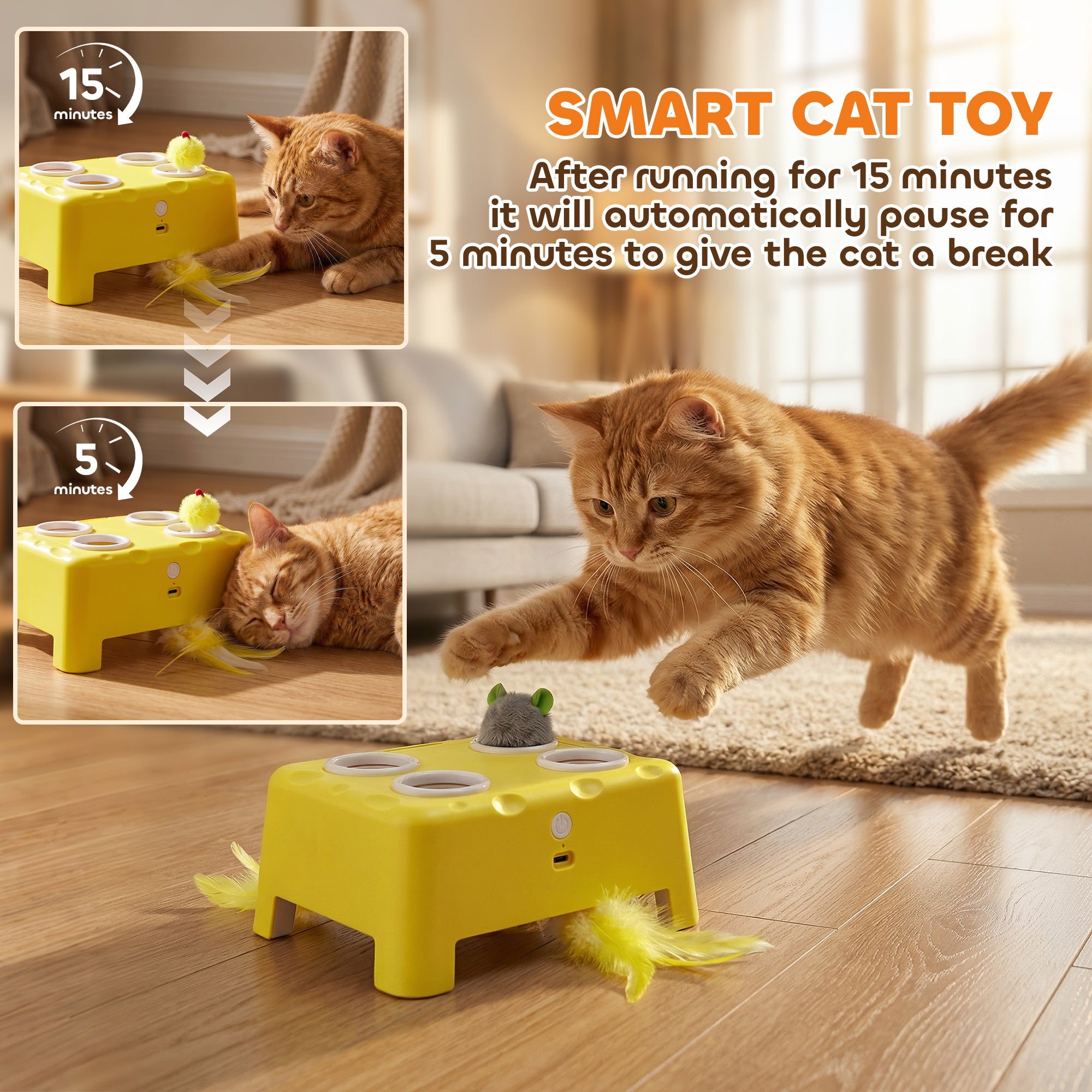 3-in-1 Interactive Cat Toy with Mouse & Feather Teaser, Rechargeable, Automatic for Indoor Kittens & Adult Cats